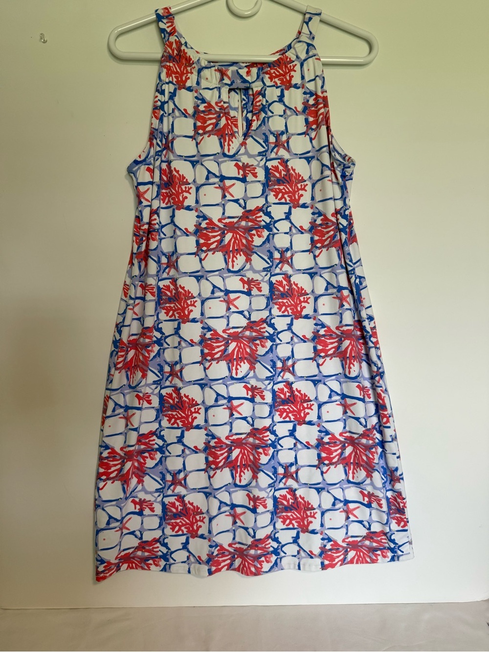 Casual White Sundress, Blue Lattice and Red Coral Print Anthony’s Resort Wear